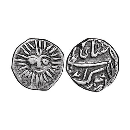 Indore, Silver ¼ Rupee, 2.73g, Shivaji Rao, VS unseen, Sun face, INO Shah Alam II. KM 42.