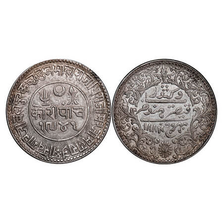 Kutch, Silver 5 Kori, 13.92g, Khengarji III, INO Victoria Empress, VS 1941/1884 AD, dot ab