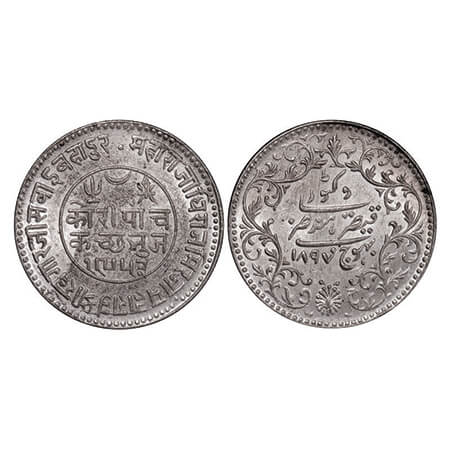 Kutch, Silver 5 Kori, 13.91g, Khengarji III, INO Victoria Empress, VS 1953/1897 AD, dot af