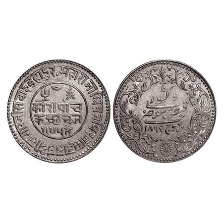 Kutch, Silver 5 Kori, 13.89g, Khengarji III, INO Victoria Empress, VS 1954/1897 AD, dot be
