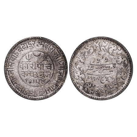 Kutch, Silver 5 Kori, 13.91g, Khengarji III, INO Victoria Empress, VS 1954/1898 AD, broad 