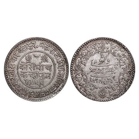 Kutch, Silver 5 Kori, 13.87g, Khengarji III, INO Victoria Empress, VS 1955/1898 AD, broad 