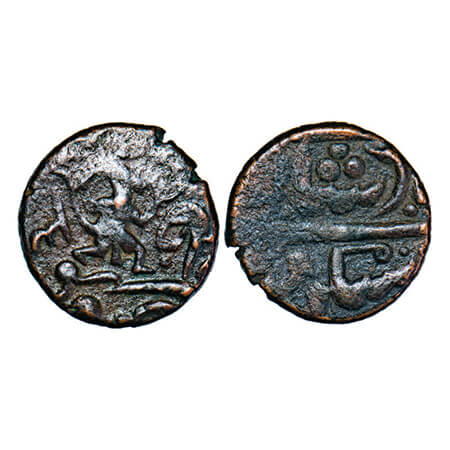 Panna, Copper Paisa, 8.50g, INO Shah Alam II, 3 RY, Unusual coin overstruck, running Hunum