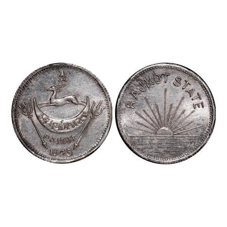 Rajkot, Silver Mohur, 5.82g, Dharmendra singhji (1930-1948 AD), Restrike, VS 1945, Obv: Co