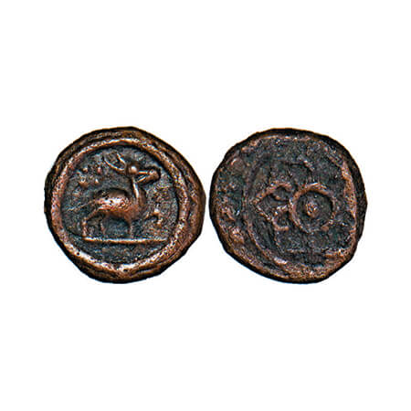 Travancore, Copper Thira Cash, 1.29g, Obv: Galloping deer, Rev: flower. Very Fine, Very Sc