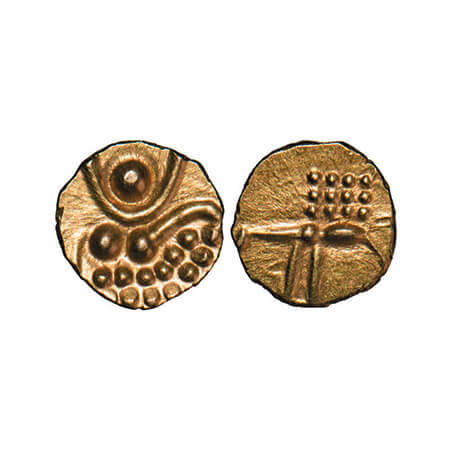 Travancore, Gold Fanam, 0.40g, Veera Raya, Obv: stylized lion/boar standing right with cre
