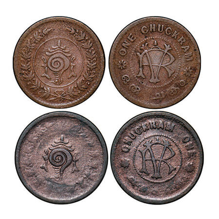 Travancore, Copper One Chukram (2 Coins), 9.93 & 9.64g, Rama Verma VI (1885-1924 AD), stru