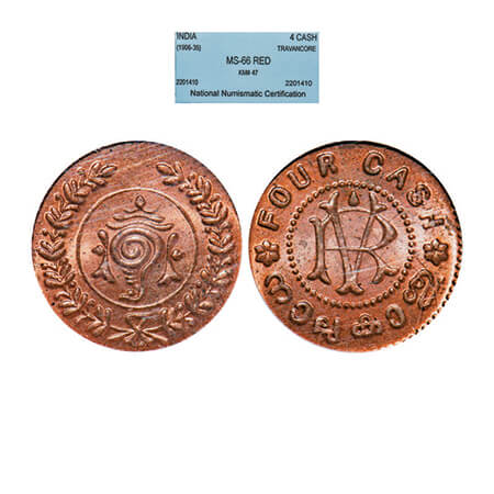 Travancore, Copper 4 Cash, Rama Varma VI, struck during 1906-1935 AD, KM 47. NNC slabbed M