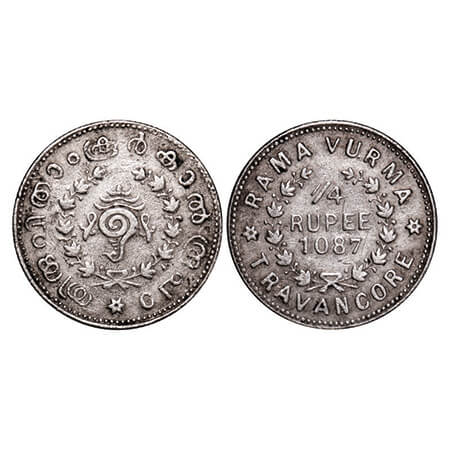 Travancore, Silver, ¼ Rupee, 2.55g, Rama Varma VI (ME 1062-1101 / 1885-1924 AD), ME 1087. 