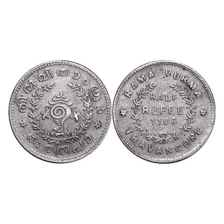 Travancore, Silver ½ Chitra Rupee, 5.24g, Rama Varma VI (KE 1062-1101 / 1885-1924 AD), ME