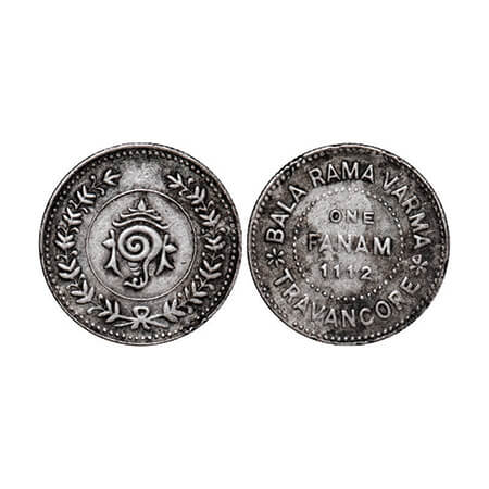 Travancore, Silver Fanam, 1.50g, Bala Rama Varma II, ME 1112. KM 61. Very Fine, Rare.