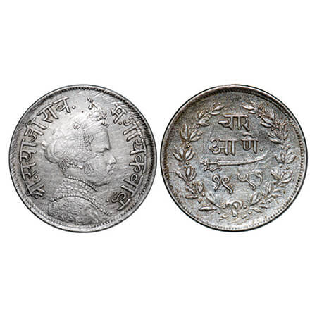 Baroda, Silver 4 Annas, 2.81g, Sayaji Rao III, VS 1951, Portrait of Sayaji Rao on obverse.