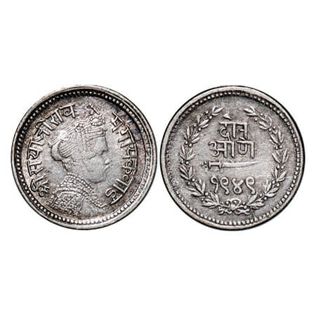Baroda, Silver 2 Annas, 1.41g, Sayaji Rao III (AH 1292-1357 / 1875-1938 AD), VS 1949. KM 3
