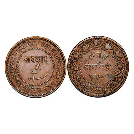 Baroda, Copper 2 Paisa, 13.25g, Sayaji Rao III, VS 1950. KM 32.2a. About Extremely Fine, S