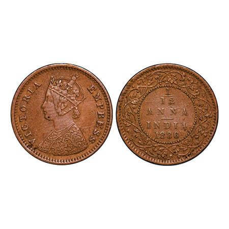 Victoria Empress, Copper, 1/12 Anna, 1886, Bombay Mint, Obv A, No mint mark. GK 901. Extre
