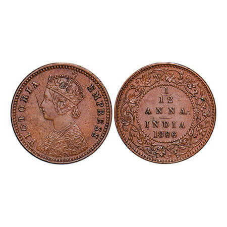 Victoria Empress, Copper, 1/12 Anna, 1886, Calcutta Mint, Obv B, 'C' incused. GK 902. Abou