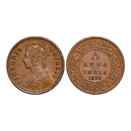 Victoria Empress, Copper, 1/12 Anna, 1891, Calcutta Mint, Obv B, No mint mark. GK 912. Ext