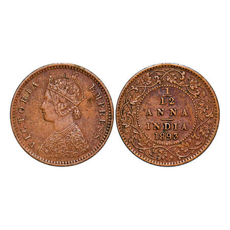 Victoria Empress, Copper, 1/12 Anna, 1893, Calcutta Mint, Obv B, No mint mark, Die crack o