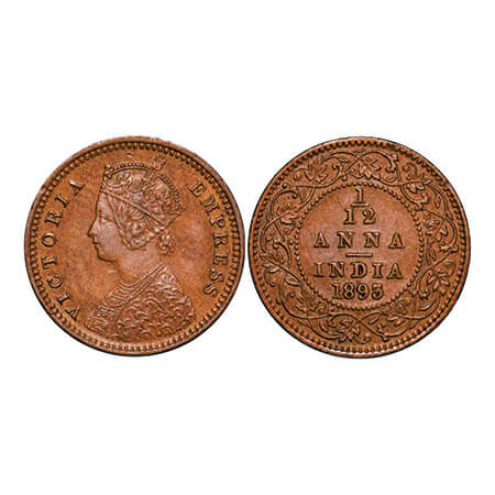 Victoria Empress, Copper, 1/12 Anna, 1893, Calcutta Mint, Obv B, No mint mark. GK 914. Abo