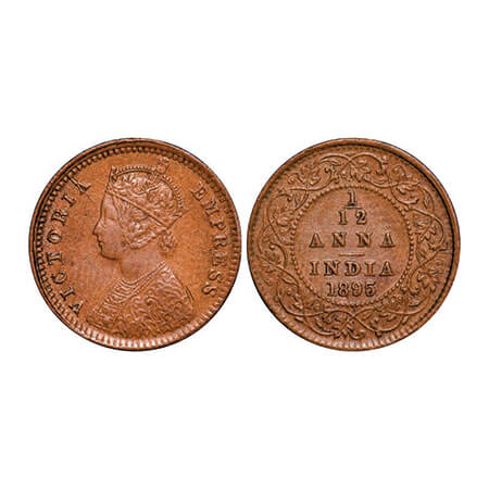 Victoria Empress, Copper, 1/12 Anna, 1895, Calcutta Mint, Obv B, No mint mark, Die cracks 