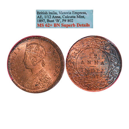 Victoria Empress, Copper, 1/12 Anna, 1897, Calcutta Mint, Obv B, No mint mark. GK 918. NGS