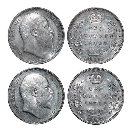 Edward VII, Silver, Rupee, (2 coins), Bombay Mint, 1) 1905, 'B' incused and dot, Top strok