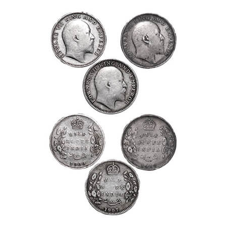 Edward VII, Silver, Half Rupee, (3 coins), 1907, 1909, 1910, Calcutta Mint, No mint mark. 