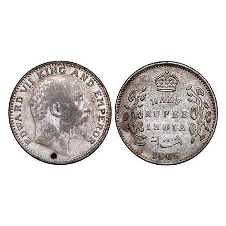Edward VII, Silver, Half Rupee, 1908, Calcutta Mint, No mint mark. GK 968. Very Fine, Clea