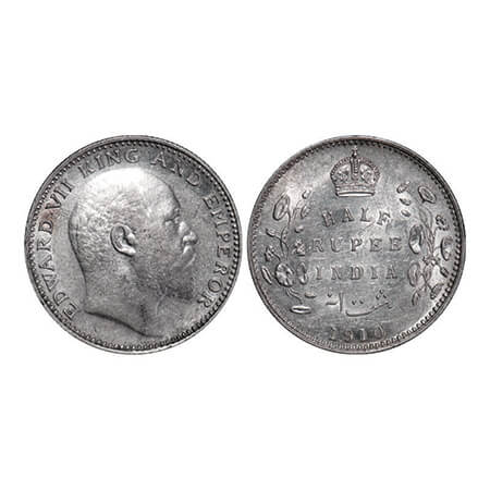 Edward VII, Silver, Half Rupee, 1910, Bombay Mint, 'B' incused and dot. GK 970. Almost Unc