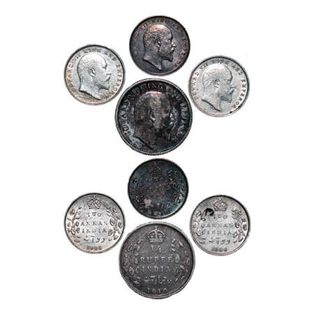 Edward VII, Silver, (4 coins), 1) 1/4 Rupee, 1910, Calcutta Mint, No mint mark, 2 Annas, C