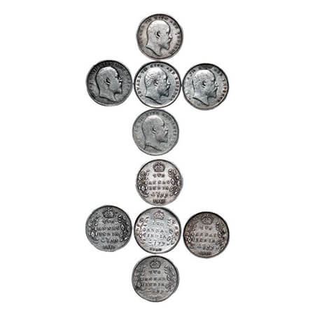 Edward VII, Silver, 2 Annas, (7 coins), 1 to 6) 1903, 1904, 1906, 1907, 1908, 1910, Calcut