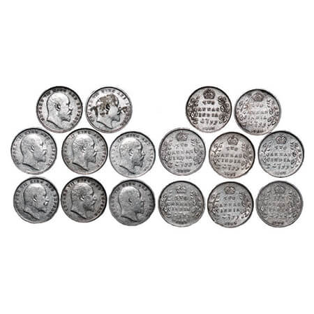 Edward VII, Silver, 2 Annas, (8 coins), 1 to 7) 1903, 1904, 1905, 1906, 1907, 1908, 1910, 