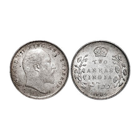 Edward VII, Silver, 2 Annas, 1904, Calcutta Mint, No mint mark. GK 981. About Uncirculated