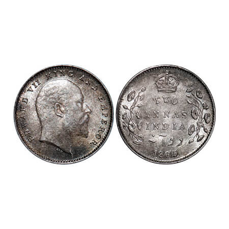 Edward VII, Silver, 2 Annas, 1905, Calcutta Mint, No mint mark, Die crack on Obv. GK 982. 