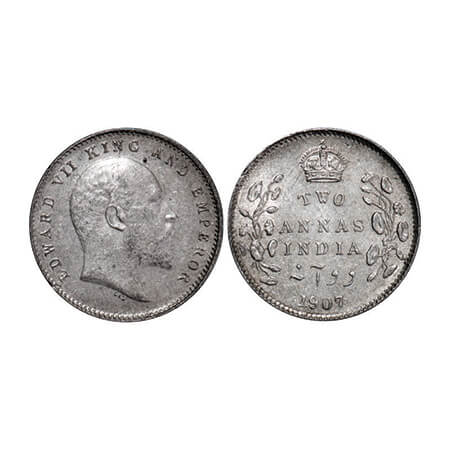 Edward VII, Silver, 2 Annas, 1907, Calcutta Mint, No mint mark. GK 984. About Uncirculated
