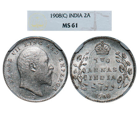 Edward VII, Silver, 2 Annas, 1908, Calcutta Mint, No mint mark. GK 985. NGC Slabbed MS 61.