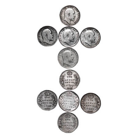 Edward VII, Silver, 2 Annas, (5 coins), 1, 2, 3, 4) 1908(1), 1910(3) Calcutta Mint, No min