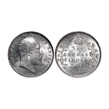 Edward VII, Silver, 2 Annas, 1910, Calcutta Mint, No mint mark. GK 987. Almost Uncirculate