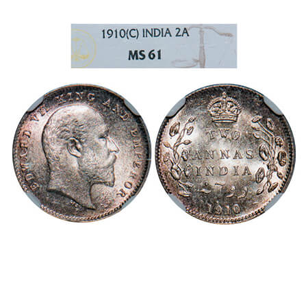 Edward VII, Silver, 2 Annas, 1910, Calcutta Mint, No mint mark. GK 987. NGC Slabbed MS 61.