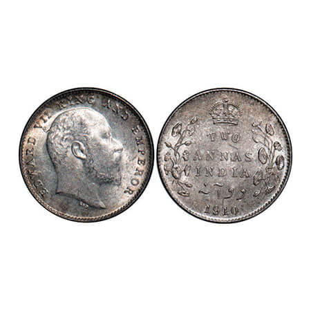 Edward VII, Silver, 2 Annas, 1910, Bombay Mint, Dot. GK 988. Uncirculated, Rev Toned. Very
