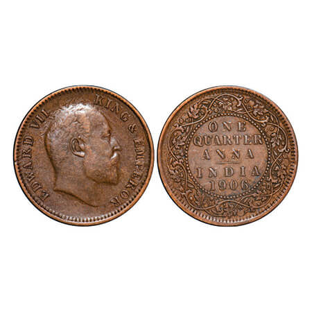 Edward VII, Bronze, Quarter Anna, 1906, (4.94gm), Calcutta Mint, No mint mark. GK 998. Abo