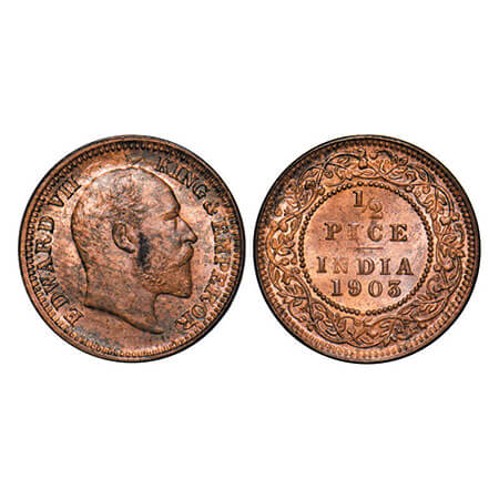 Edward VII, Copper, 1/2 Pice, 1906, Calcutta Mint, No mint mark, Die crack on Obv. GK 1003