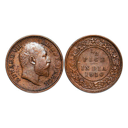 Edward VII, Bronze, 1/2 Pice, 1910, Calcutta Mint, No mint mark, Ghost on Obv and Rev. GK