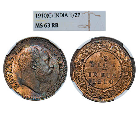 Edward VII, Bronze, 1/2 Pice, 1910, Calcutta Mint, No mint mark. GK 1011. NGC Slabbed MS 6