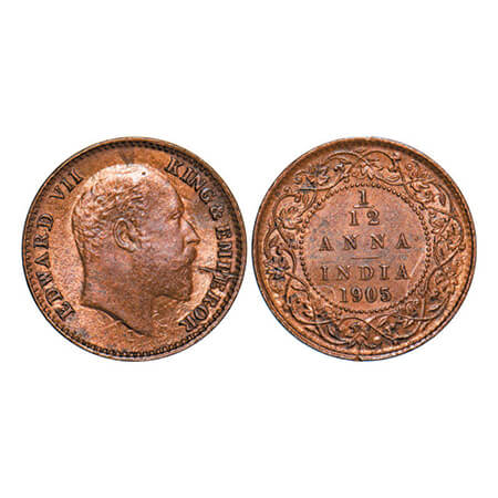 Edward VII, Copper, 1/12 Anna, 1905, Calcutta Mint, No mint mark, Ghost on Rev, Die crack 