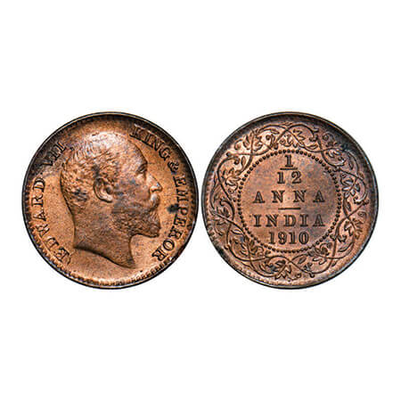 Edward VII, Bronze, 1/12 Anna, 1910, Calcutta Mint, No mint mark, Die cracks on Obv and Re