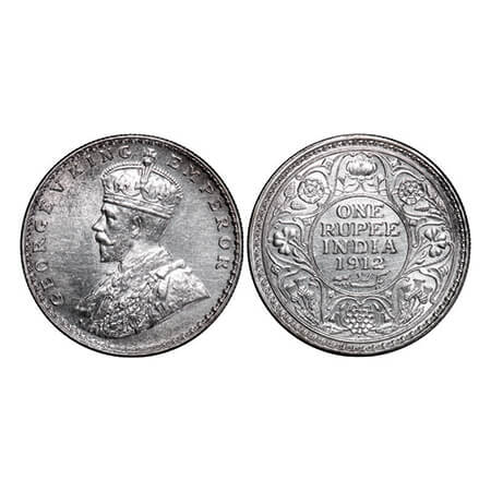 George V, Silver, Rupee, 1912, Bombay Mint, Dot, Re-Drawn Elephant with long tusks. GK 102