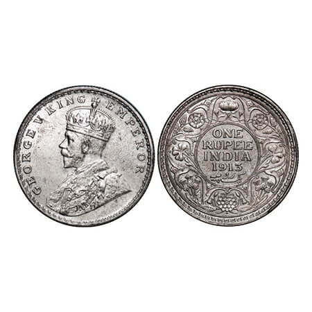 George V, Silver, Rupee, 1913, Bombay Mint, Dot. GK 1028. About Uncirculated. Scarce.