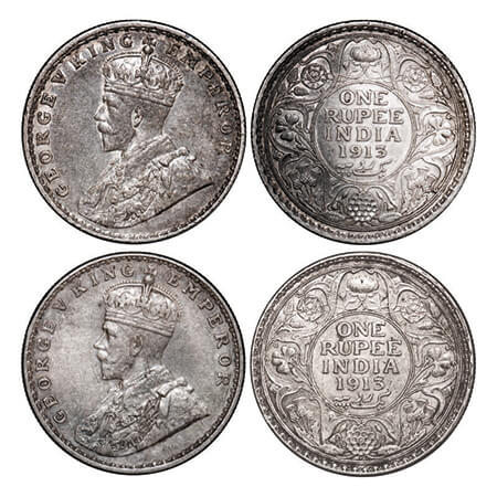 George V, Silver, Rupee, (2 coins), 1913, Bombay Mint. Dot. GK 1028. Extremely Fine+. Scar