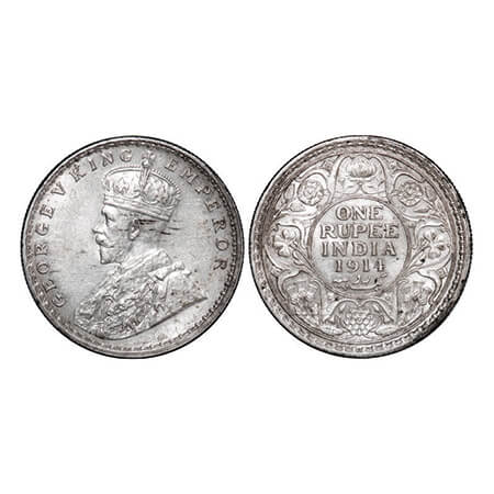 George V, Silver, Rupee, 1914, Calcutta Mint, No dot. GK 1029. About Uncirculated. Scarce.